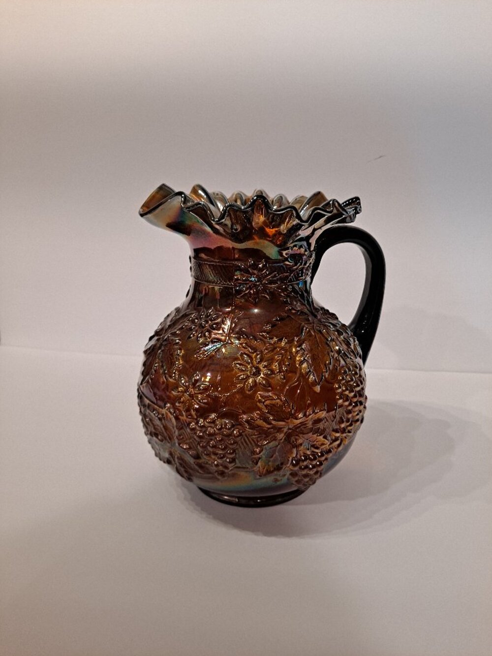Antique Dugan Carnival Glass Floral & Grape Amethyst Purple Pitcher